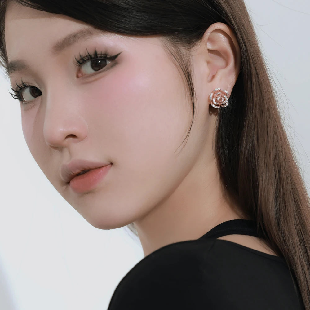 Silver Zircon Round Cut Inlaid Flower Ear Studs
