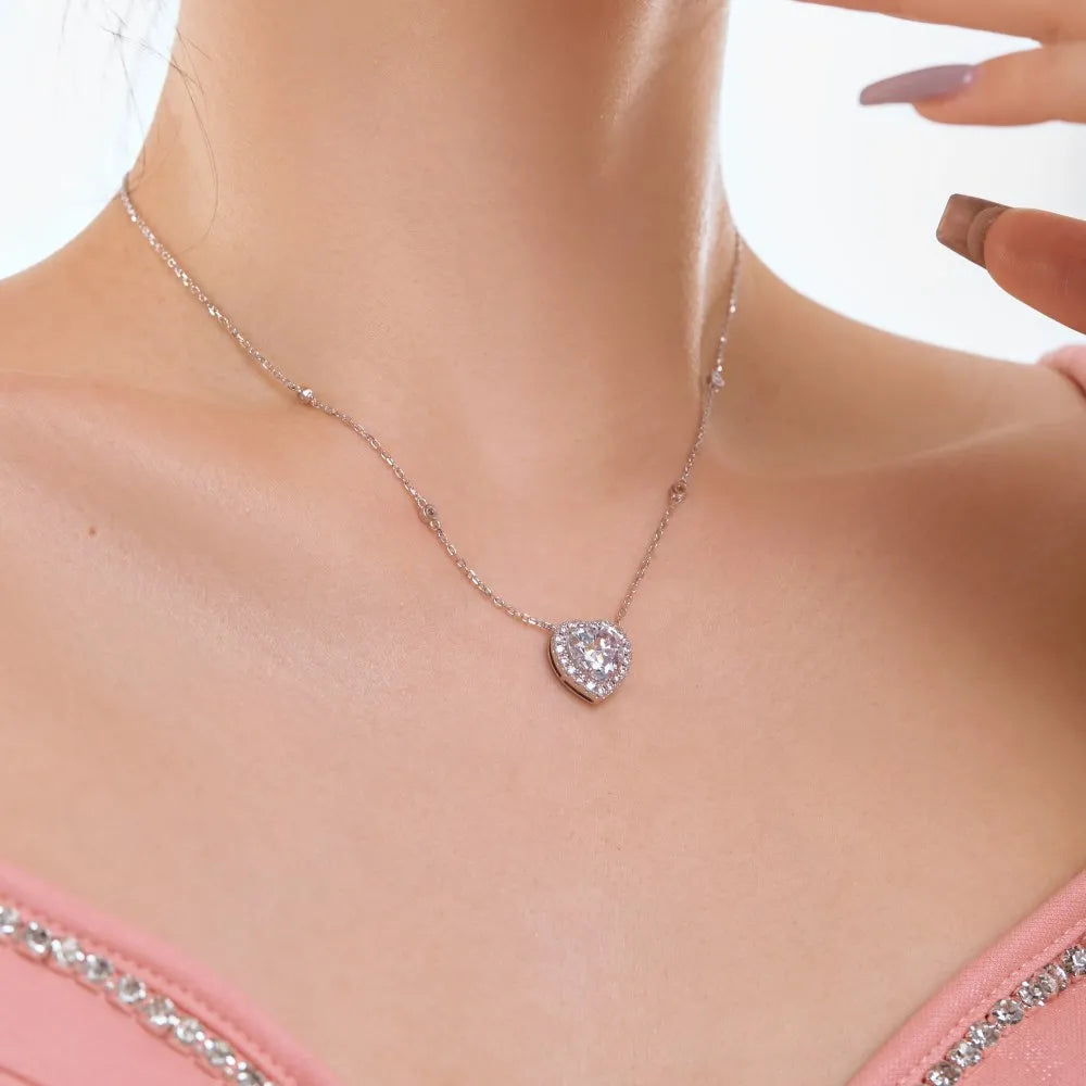 Silver Zircon Heart Cut Dots Pendant Necklace