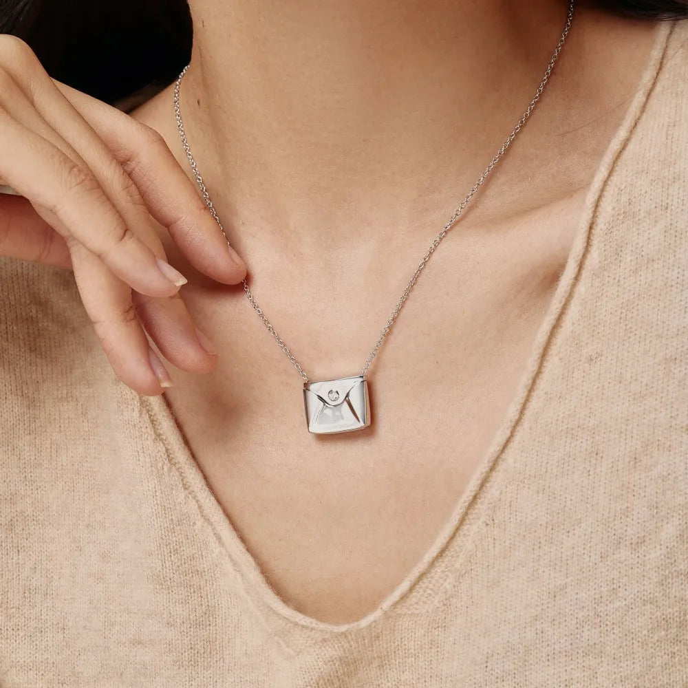 Silver Zircon Round Cut Envelope Pendant Necklace