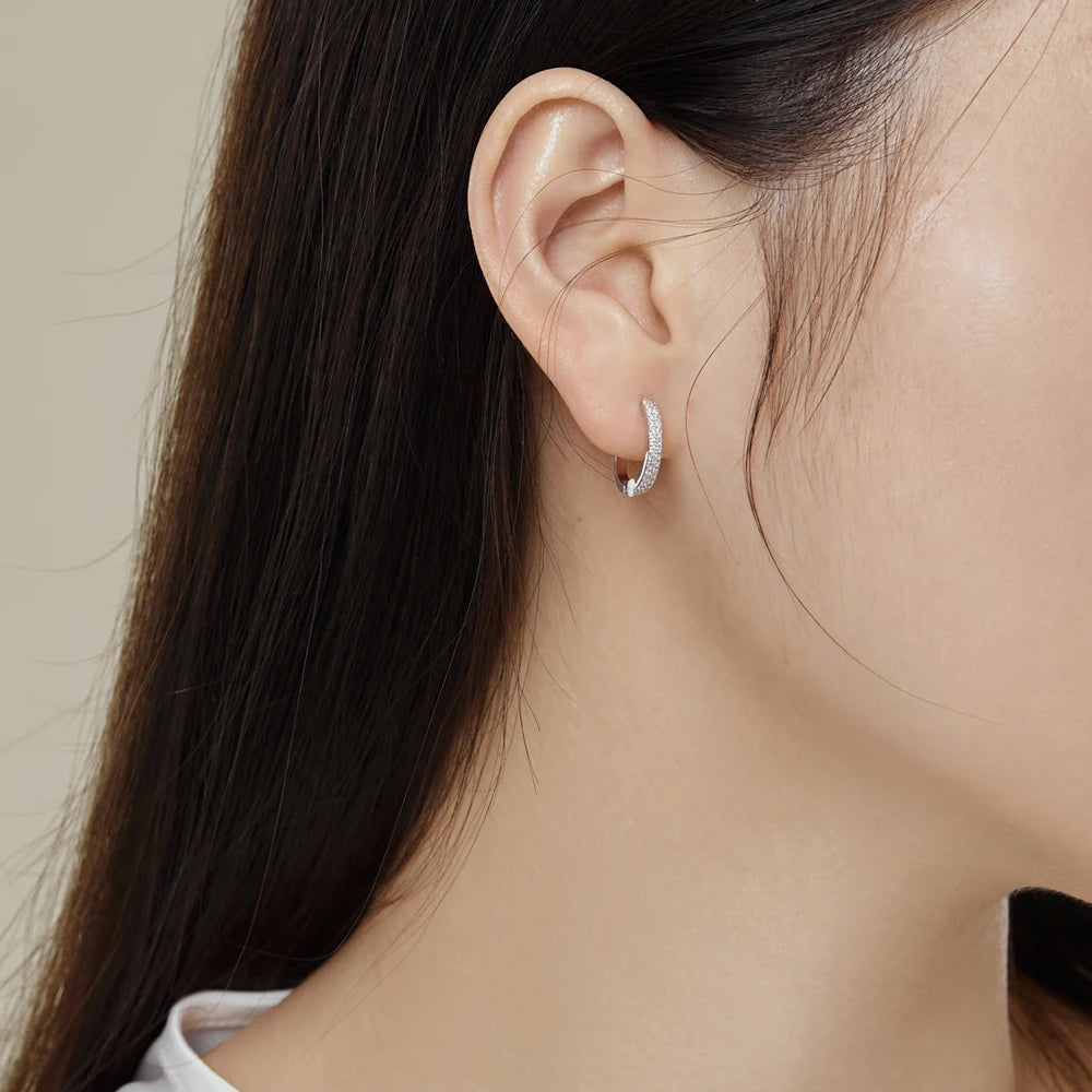 Silver Zircon Round Cut Iced Wrapped Huggie Earrings