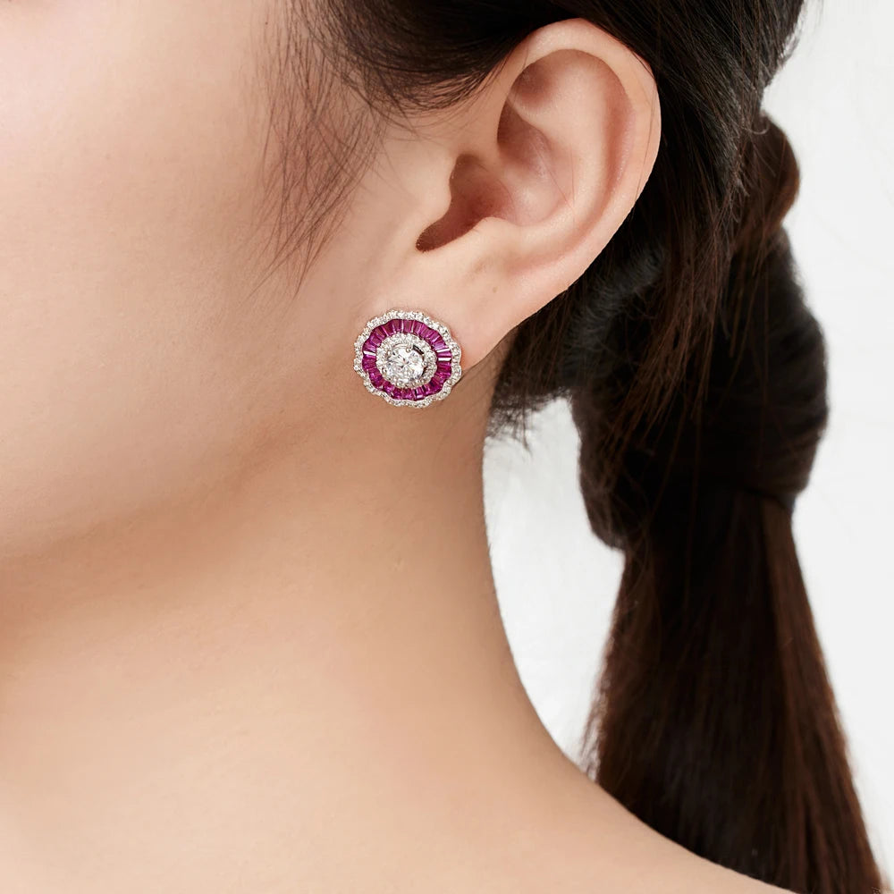 Silver Zircon Round Cut Iced Halo Curved Ear Studs