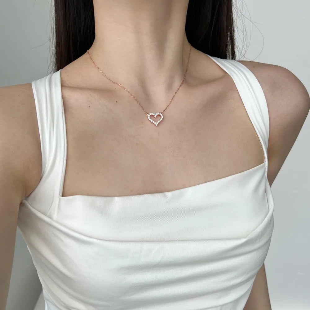 Silver Zircon Round Cut Big Inlaid Halo Heart Pendant Necklace