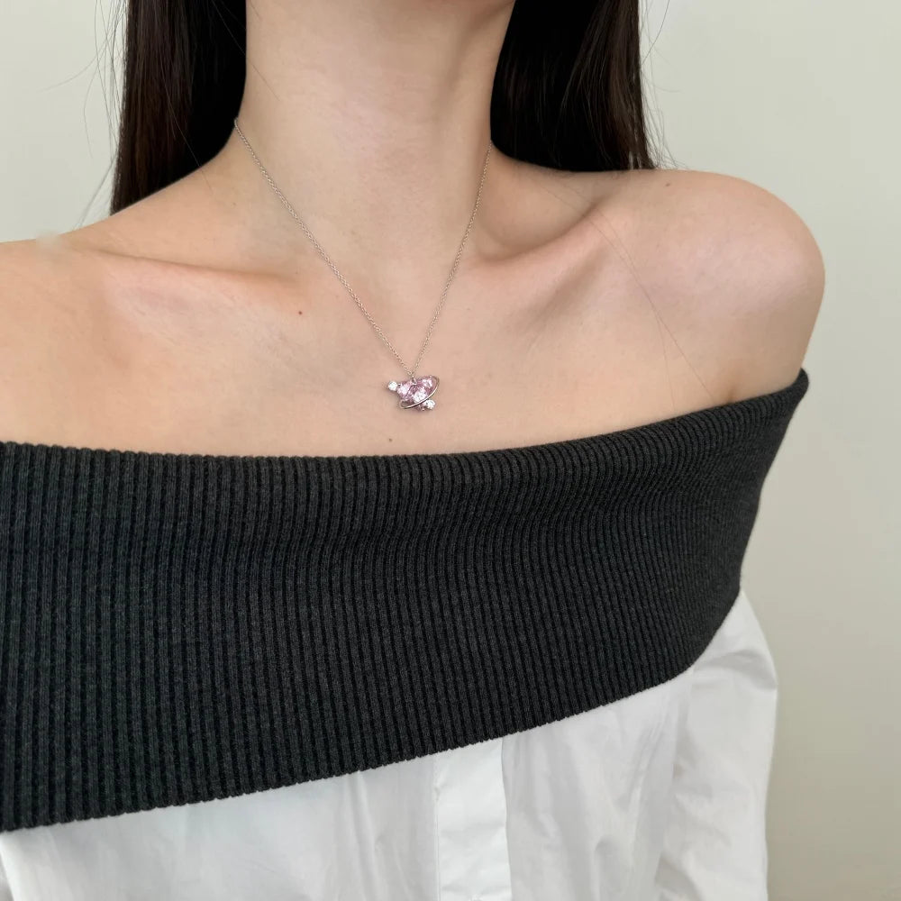 Silver Zircon Princess Cut Wrapped Heart Pendant Necklace