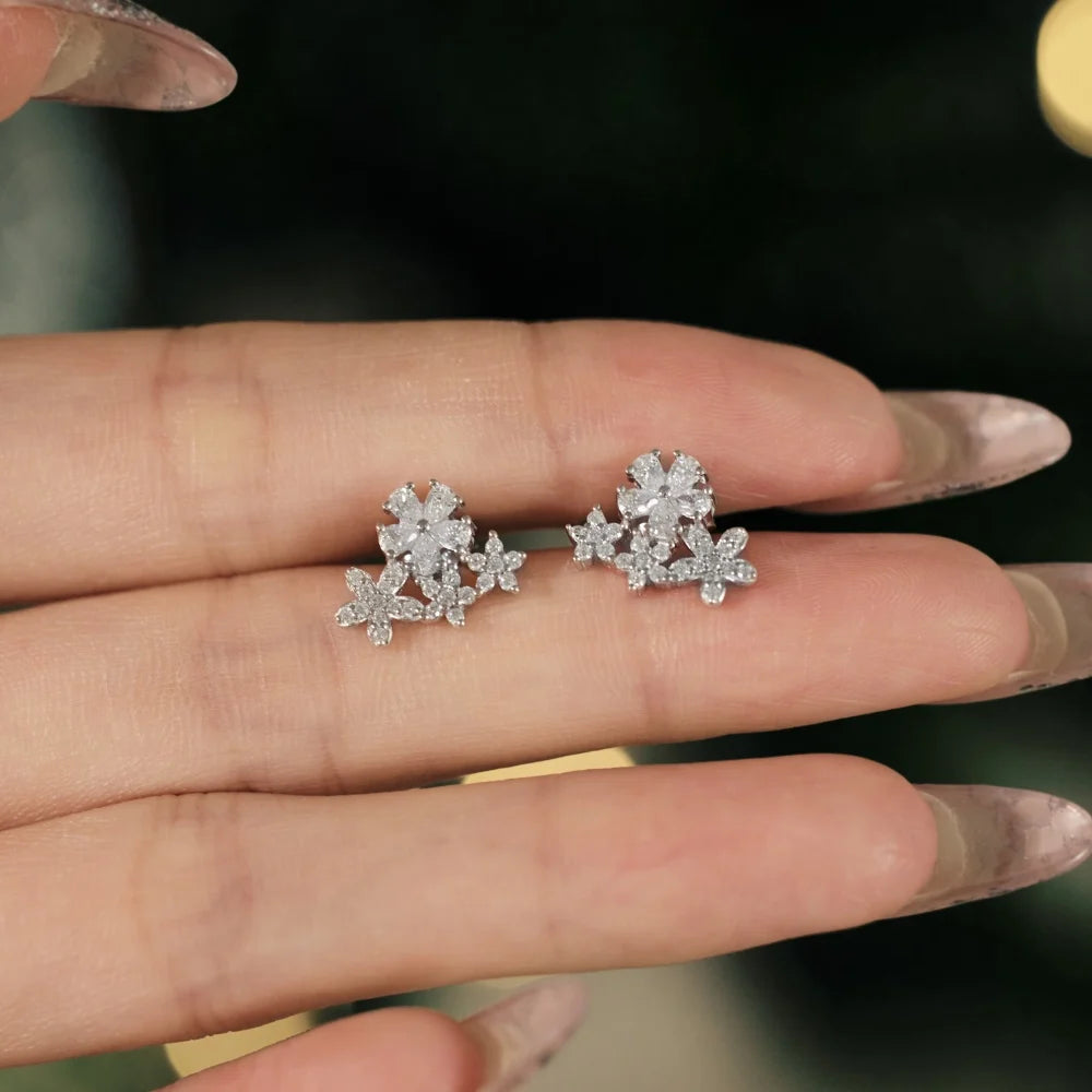 Silver Zircon Pear Cut Inlaid Flower Ear Studs