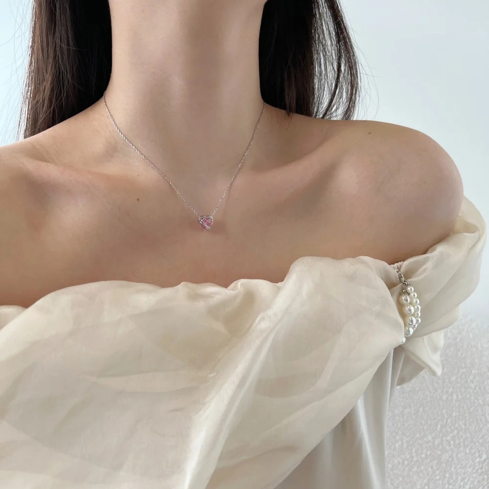 Silver Zircon Heart Cut Wrapped Pendant Necklace