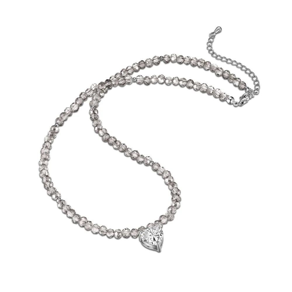 Silver Zircon Heart Cut Double Layer Beaded Necklace