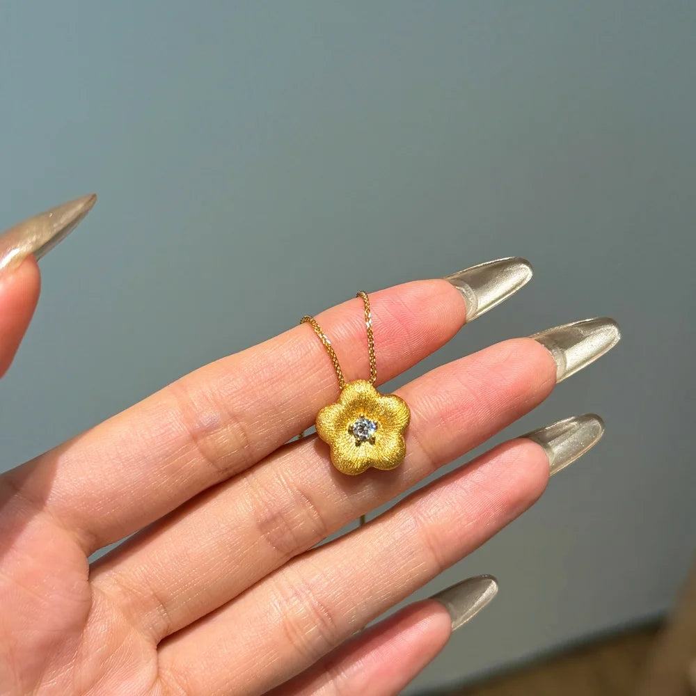 Silver Zircon Round Cut Sakura Flower Pendant Necklace