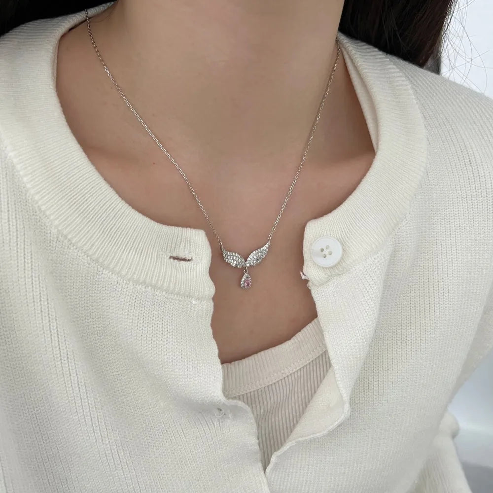 Silver Zircon Pear Cut Wings Waterdrop Pendant Necklace