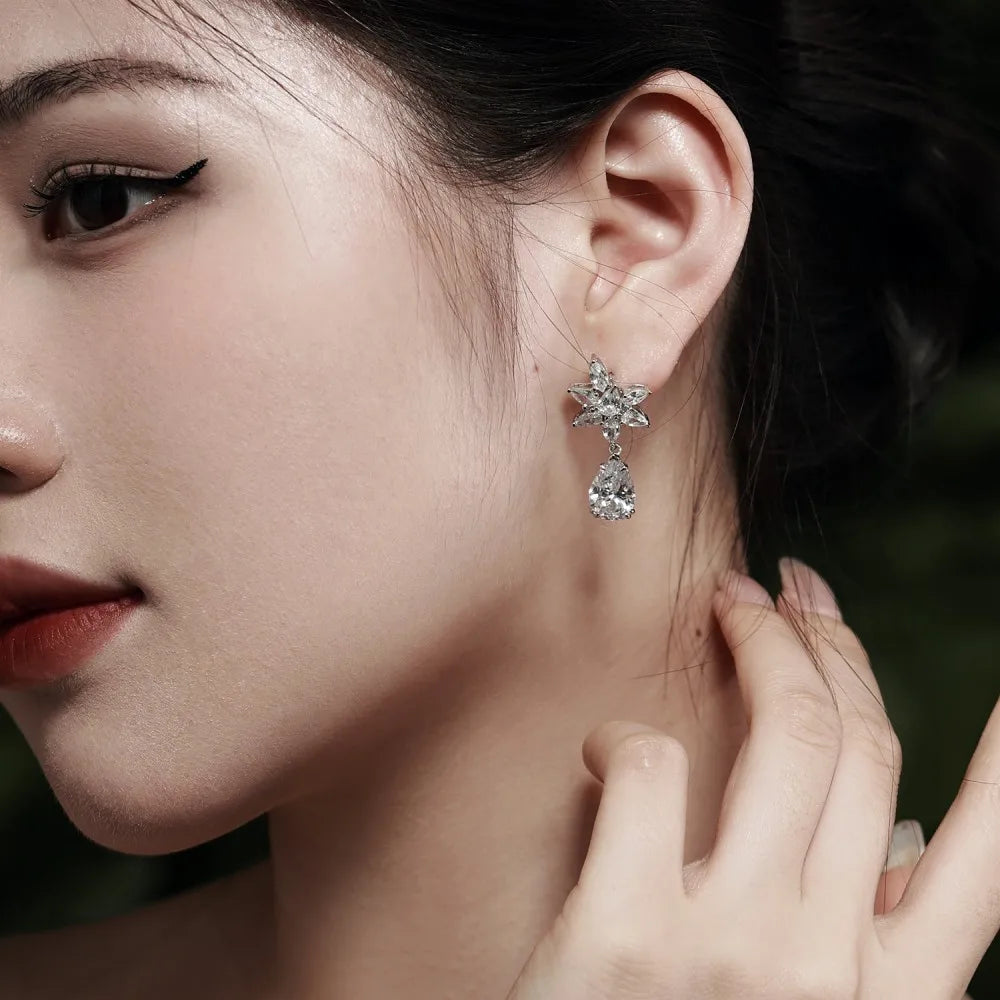 Silver Zircon Pear Cut Flower Drop Earrings