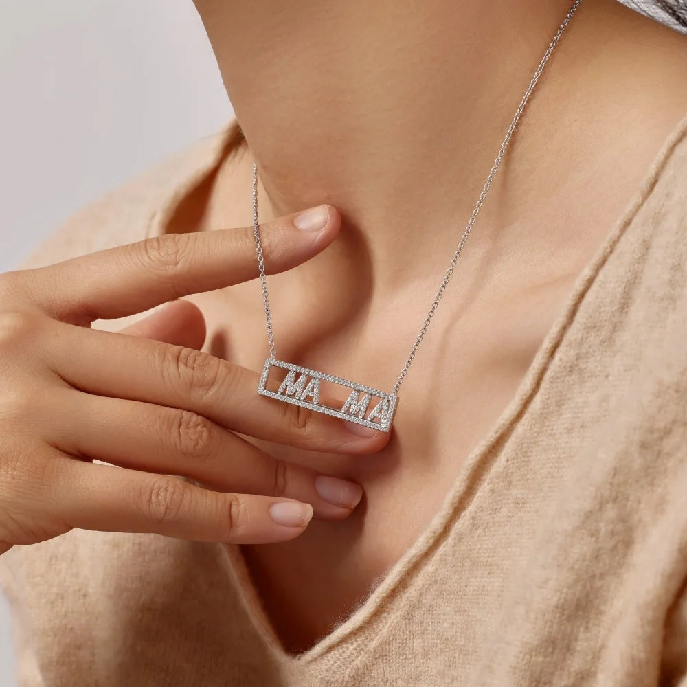 Silver Zircon Round Cut Inlaid Mama Bar Necklace
