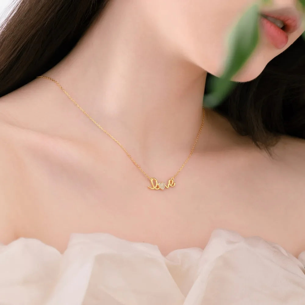 Silver Zircon Round Cut Love Bar Necklace