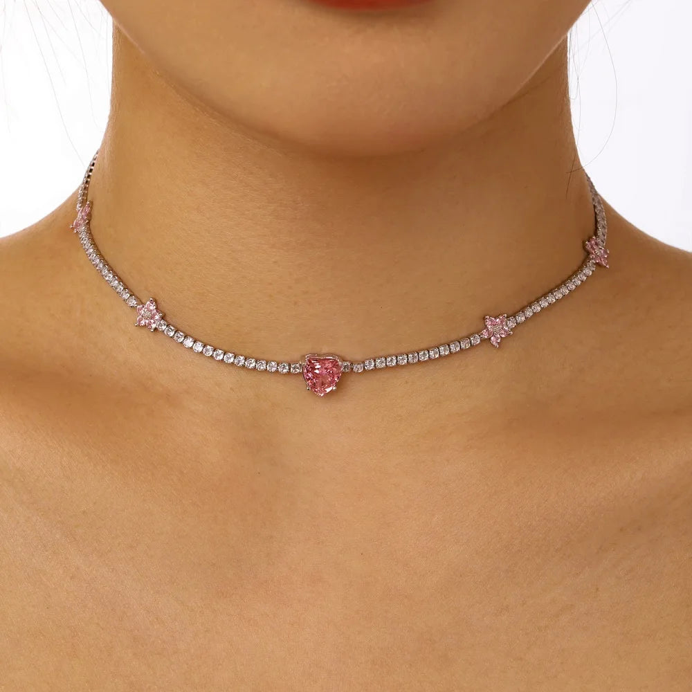 Silver Zircon Heart Cut Flower Tennis Necklace