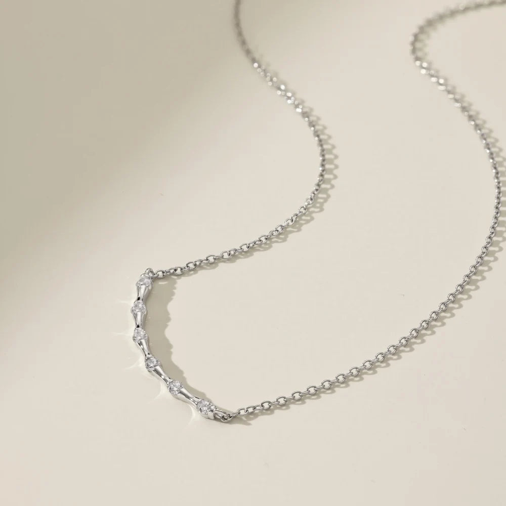 Silver Zircon Round Cut Inlaid Bar Necklace