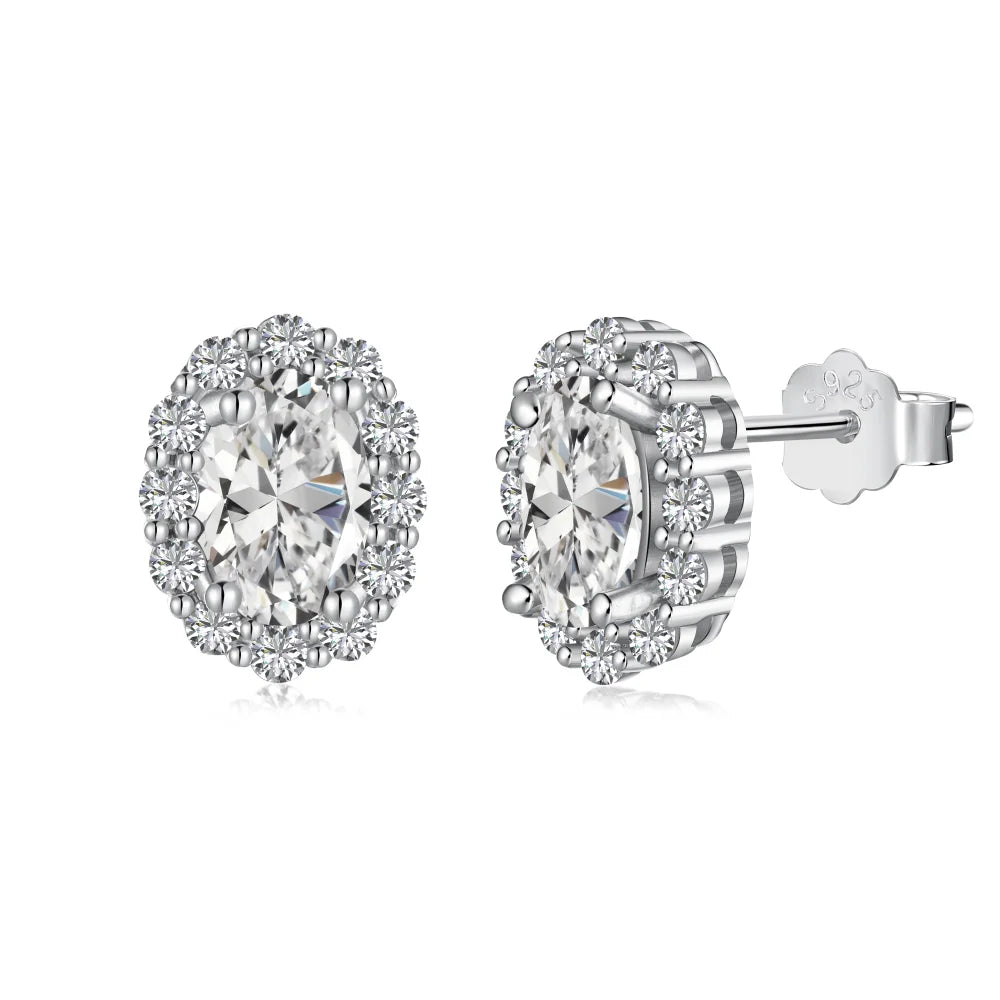 Silver Zircon Oval Cut Halo Frame Ear Studs