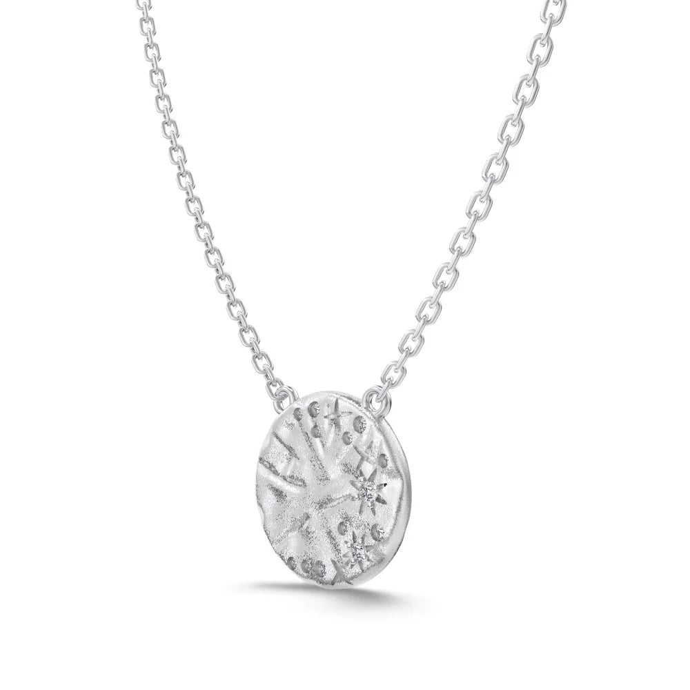 Silver Zircon Round Cut Frosted Disc Pendant Necklace