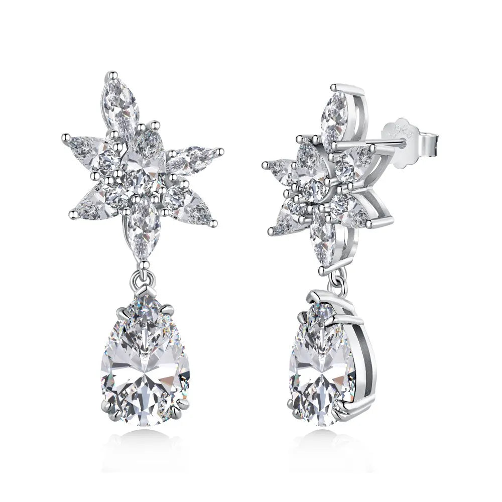 Silver Zircon Pear Cut Flower Drop Earrings