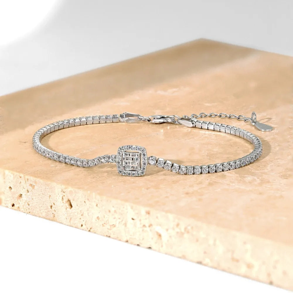 Silver Zircon Baguette Cut Halo Tennis Bracelet