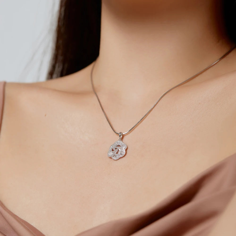 Silver Zircon Tapered Baguette Cut Iced Flower Pendant Necklace