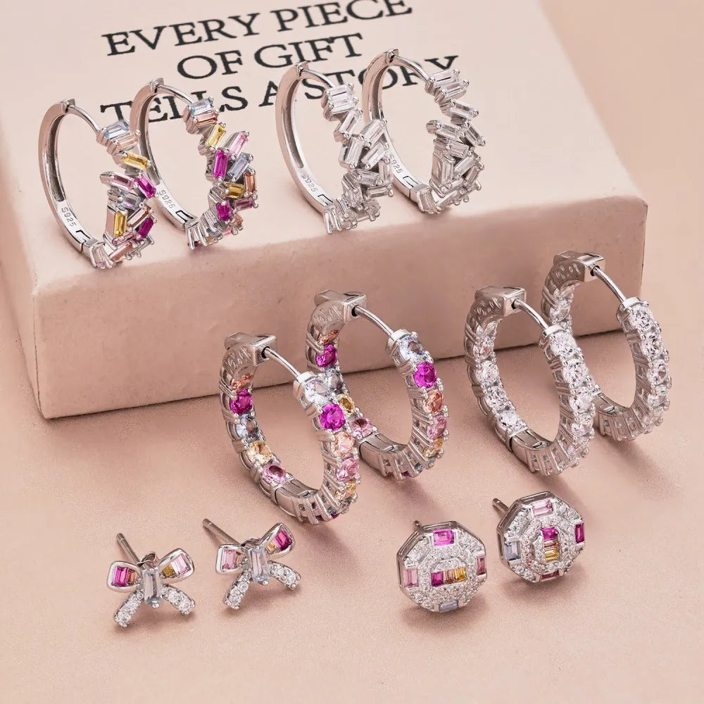 Silver Zircon Round Cut Inlaid Layered Ear Hoops