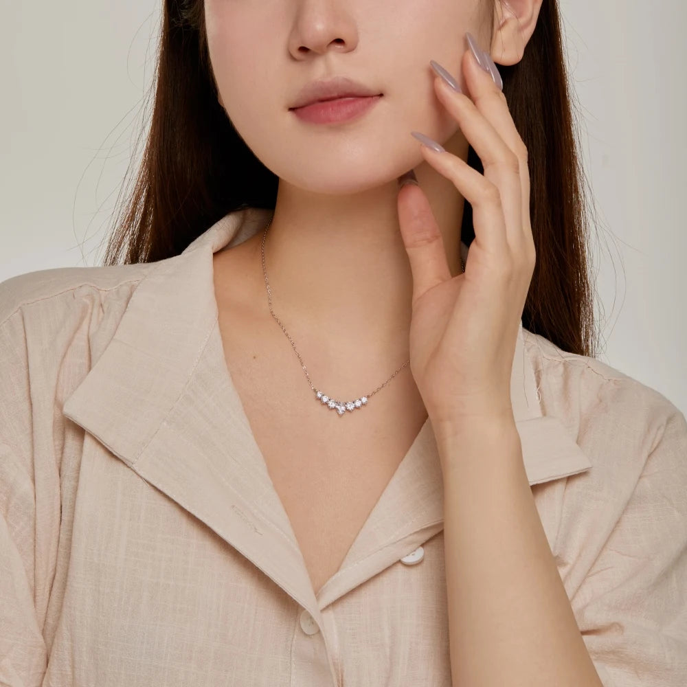 Silver Zircon Pear Cut Crescent Bar Necklace