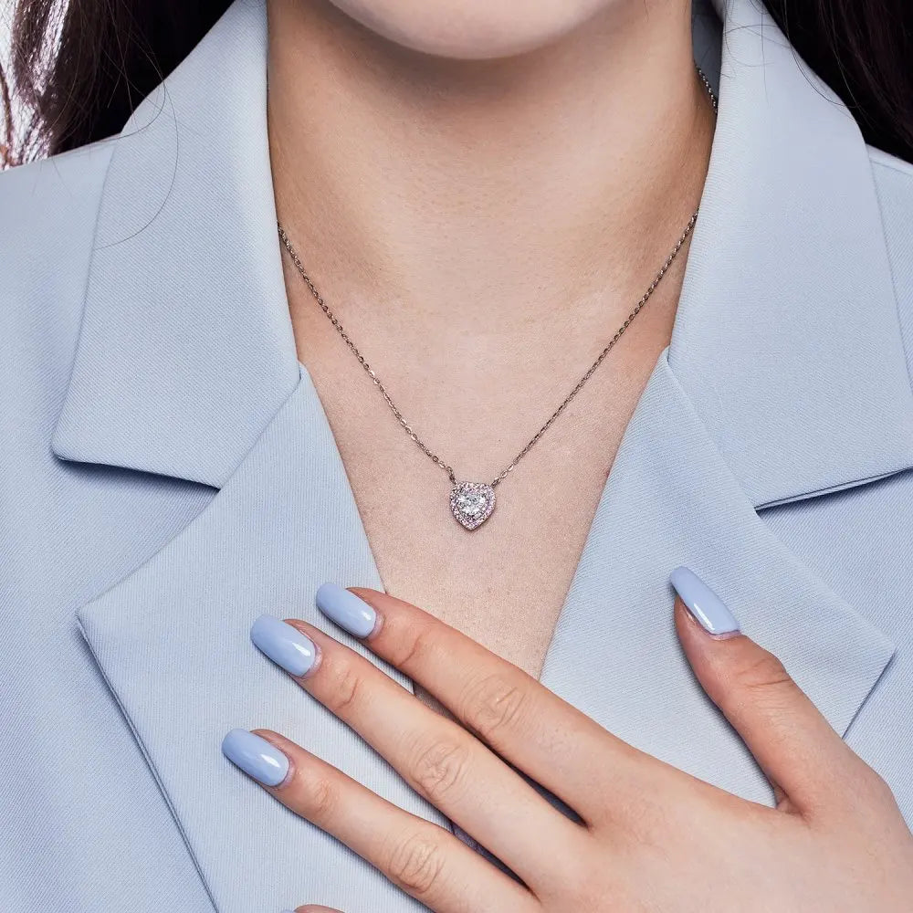 Silver Zircon Heart Cut Iced Halo Pendant Necklace