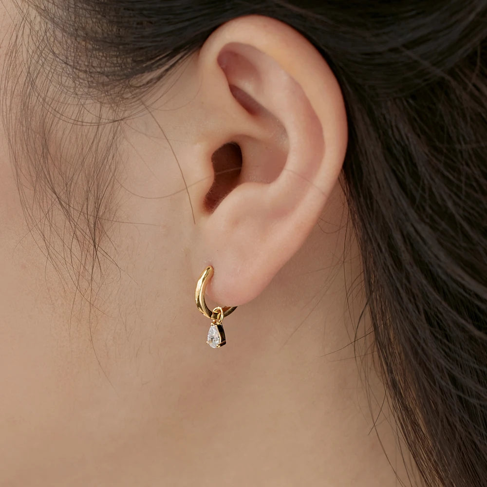 Silver Zircon Pear Cut Water Drop Huggie Earrings