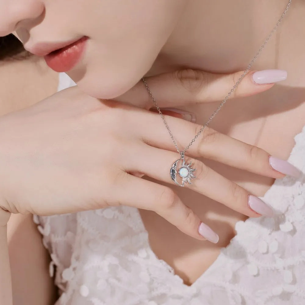 Silver Opal Round Cut Crescent Sunshine Pendant Necklace