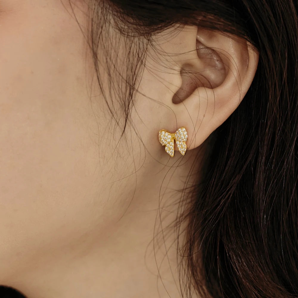 Silver Zircon Round Cut Iced Butterfly Ear Studs