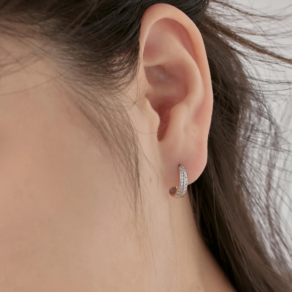 Silver Zircon Round Cut Iced Hoop Huggie Earrings