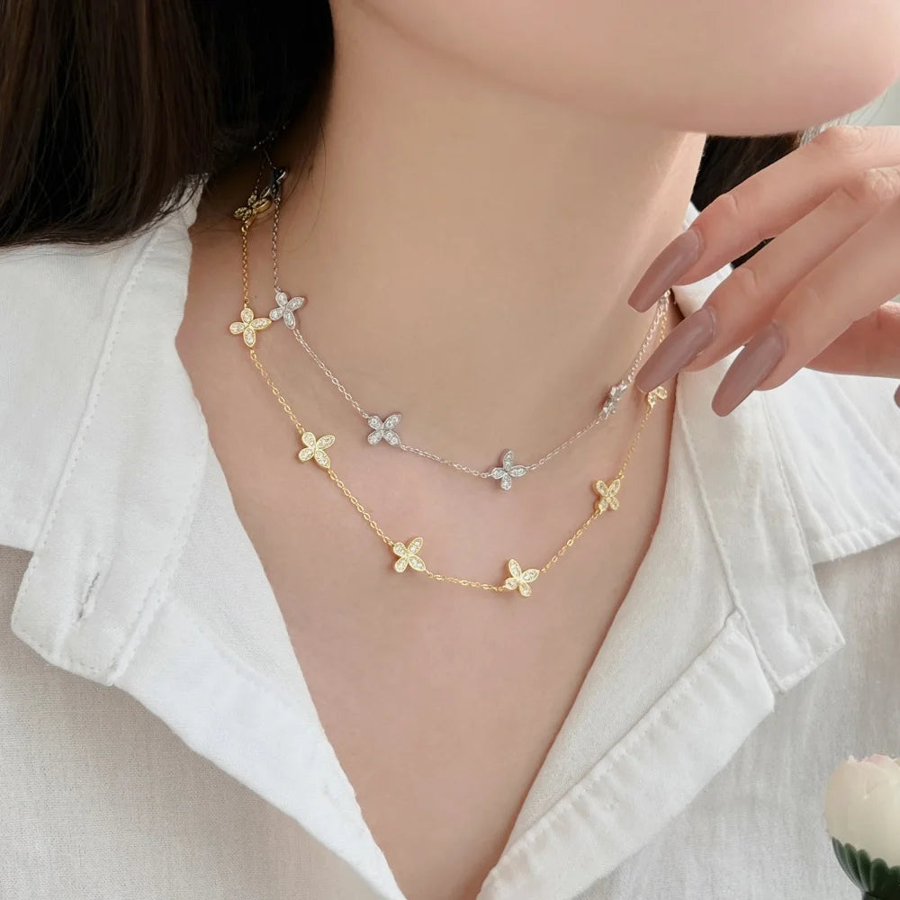 Silver Zircon Round Cut Butterfly Chain Necklace