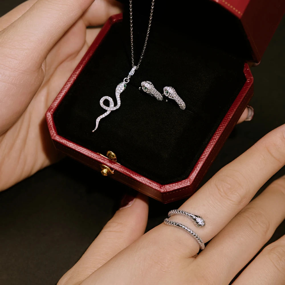 Silver Zircon Round Cut Snake Pendant Necklace