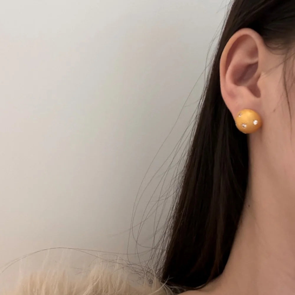 Silver Zircon Round Cut Brushed Inlaid Sphere Ear Studs