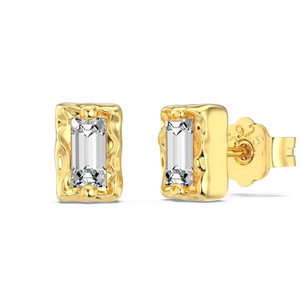 Silver Zircon Baguette Cut Melted Mirror Ear Studs