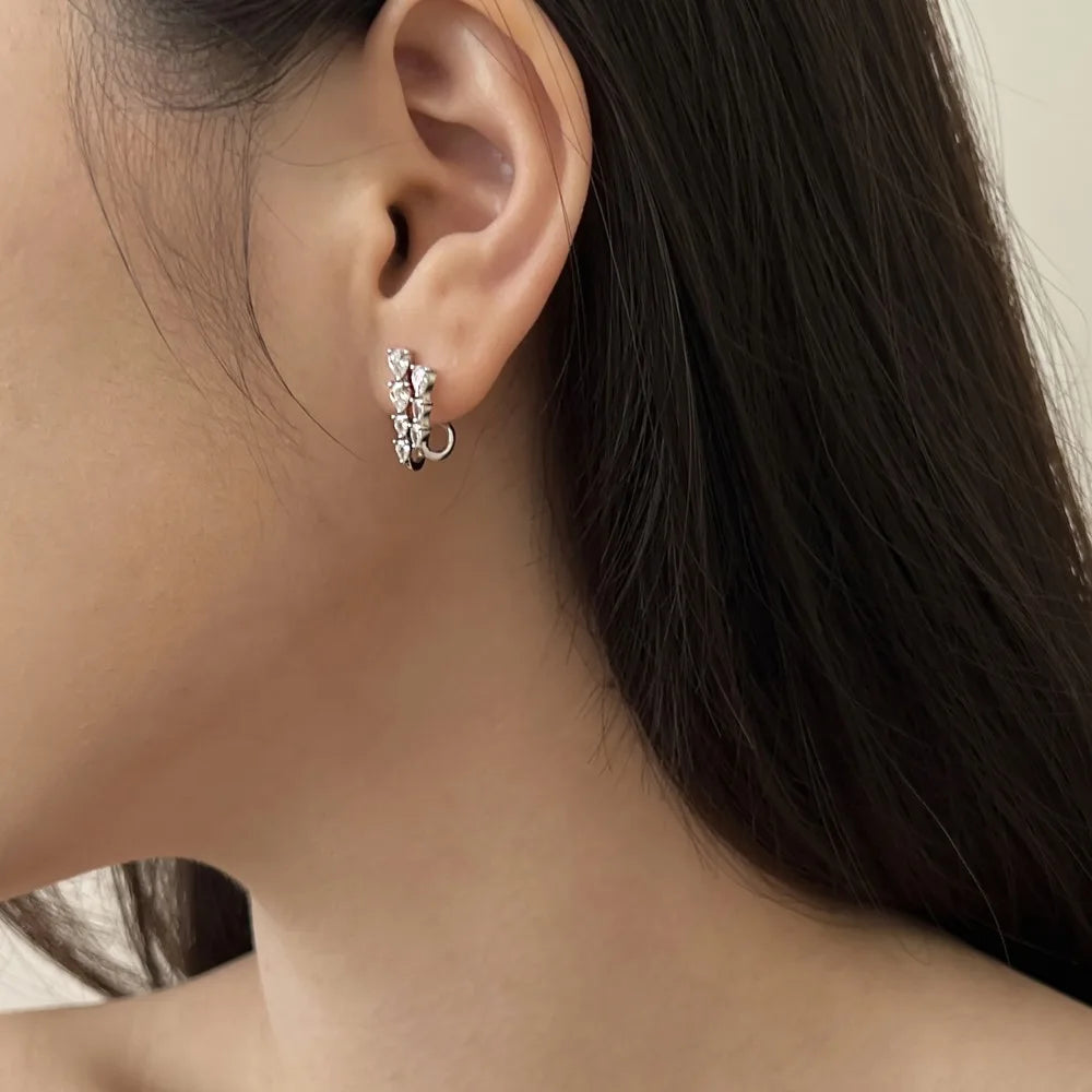 Silver Zircon Pear Cut Double Layer Ear Hoops