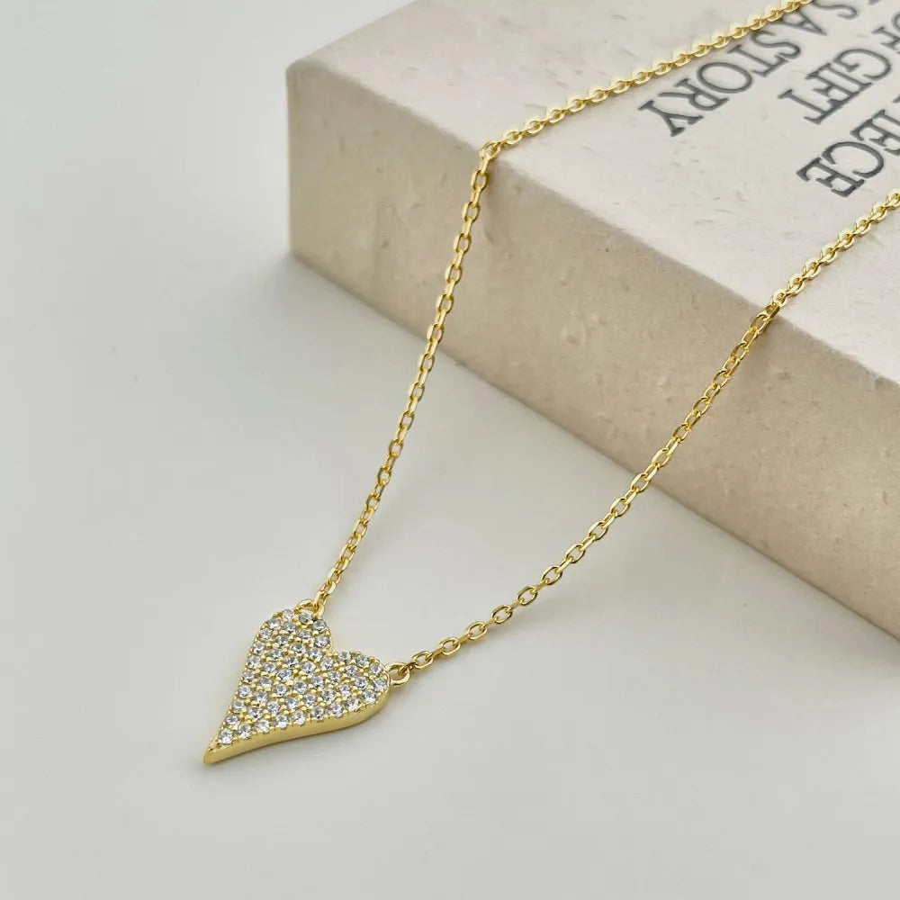 Silver Zircon Round Cut Small Iced Heart Pendant Necklace