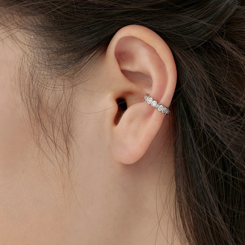 Silver Zircon Round Cut Wrapped Inlaid Ear Cuffs
