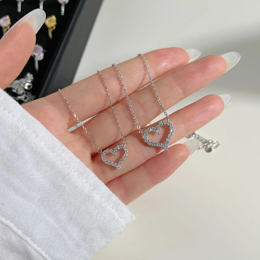 Silver Zircon Round Cut Small Inlaid Halo Heart Pendant Necklace