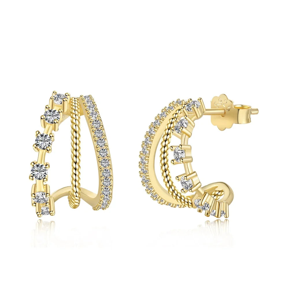 Silver Zircon Round Cut Twisted Hollow Huggie Earrings