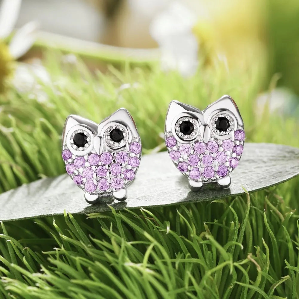 Silver Zircon Round Cut Owl Ear Studs