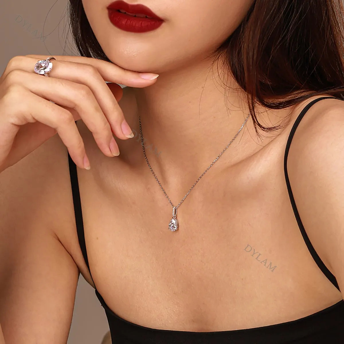 Silver Zircon Pear Cut Water Drop Pendant Necklace