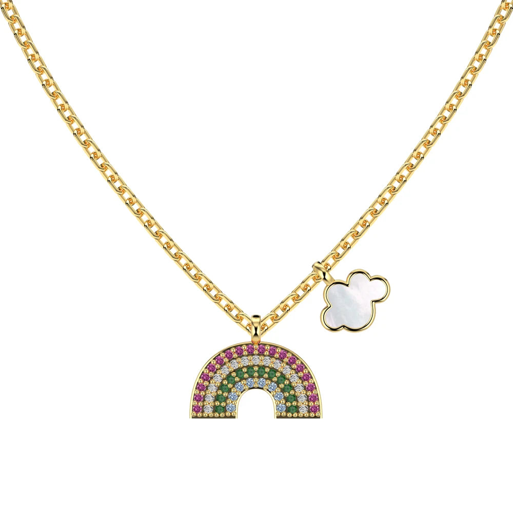 Silver Zircon Round Cut Inlaid Rainbow Pendant Necklace