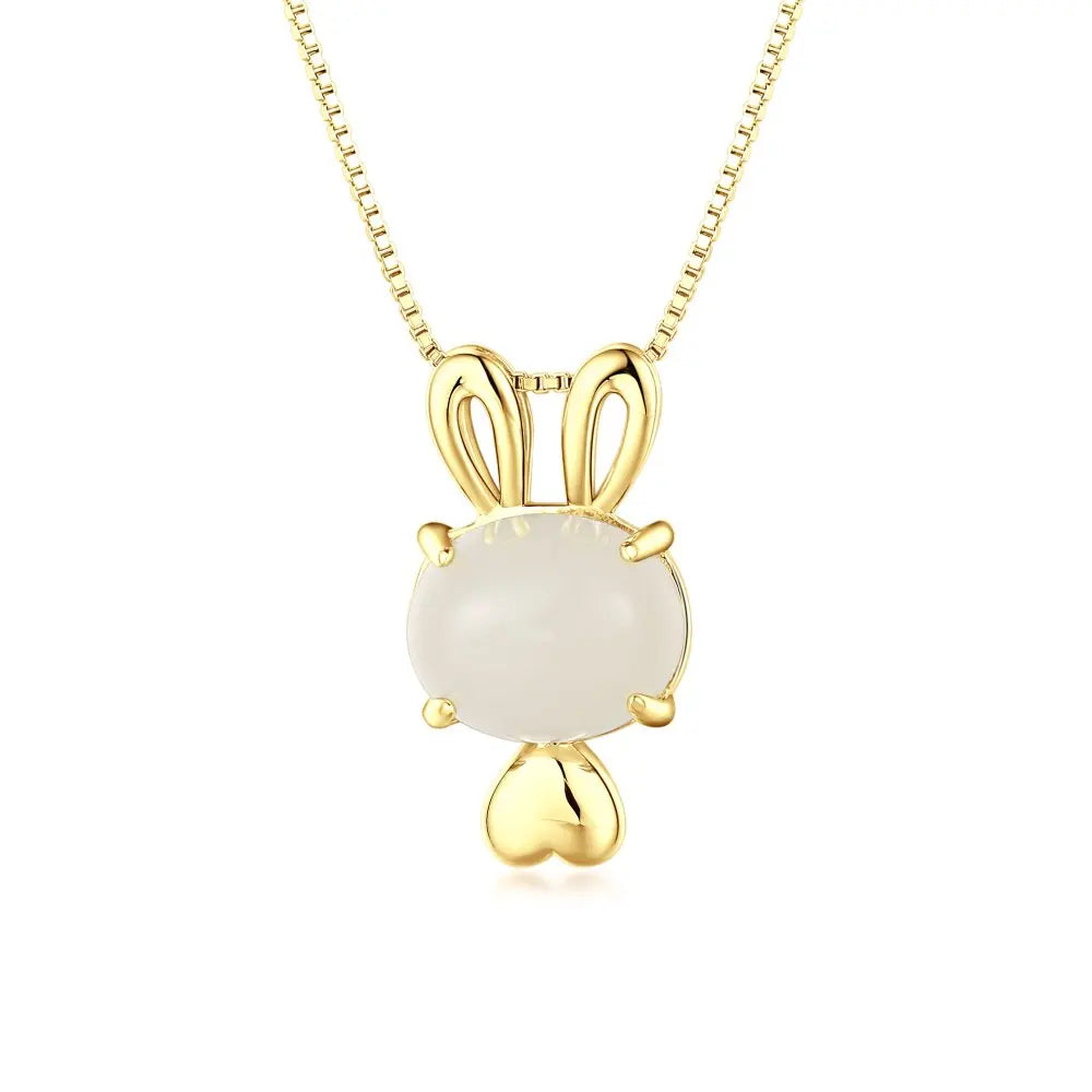 Silver Jade Cut Bunny Pendant Necklace