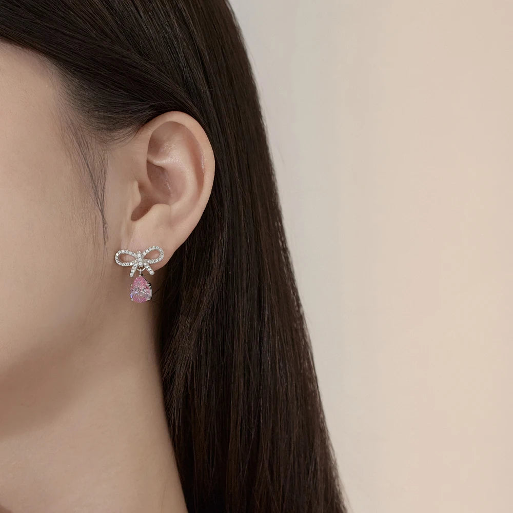 Silver Zircon Pear Cut Bow Drop Earrings