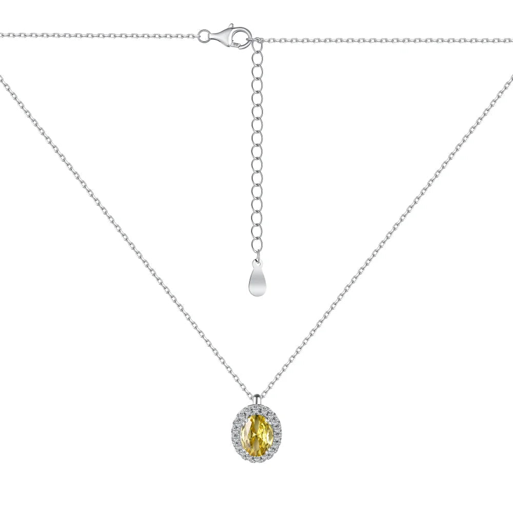 Silver Zircon Oval Cut Halo Pendant Necklace