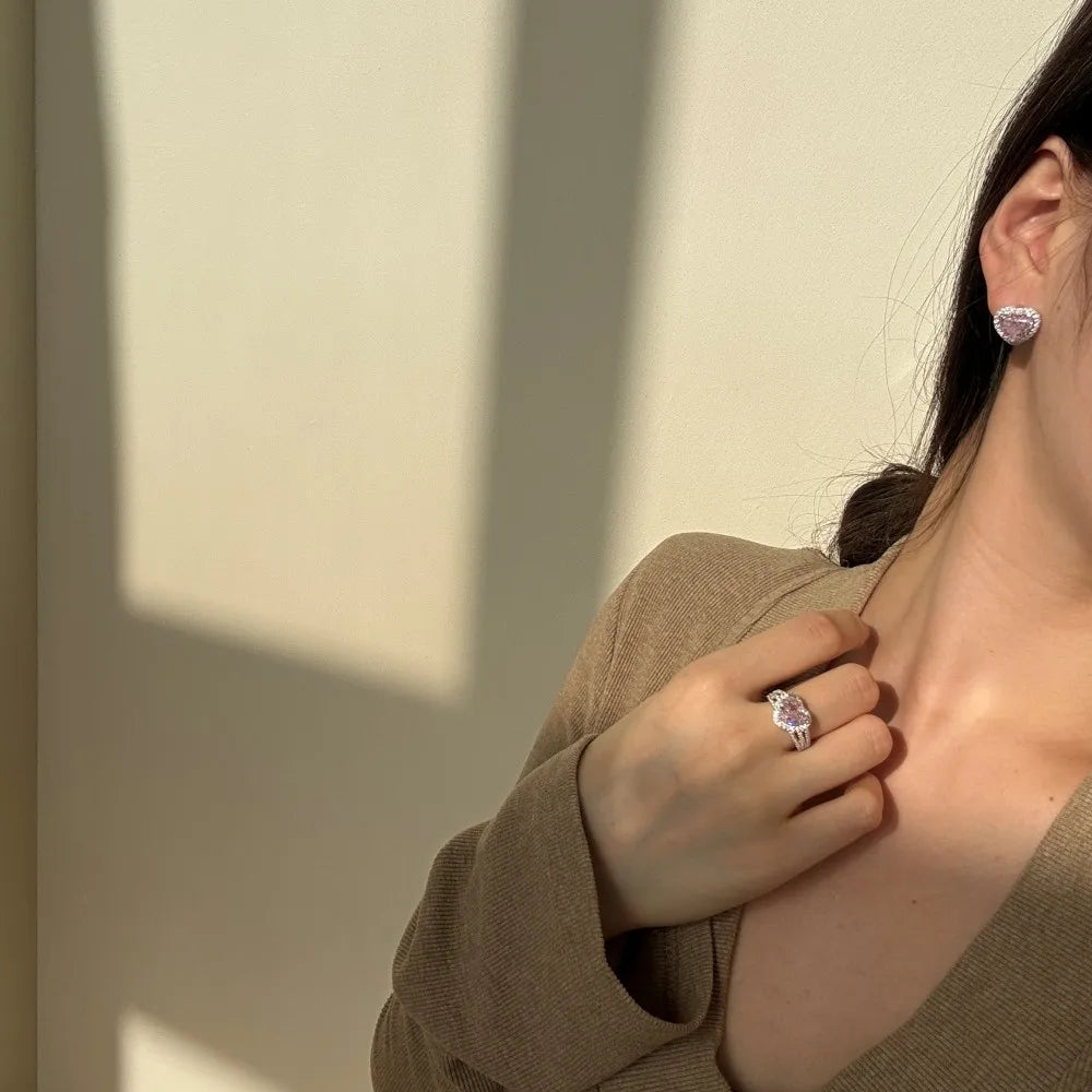 Silver Zircon Heart Cut Hook Inlaid Halo Ear Studs