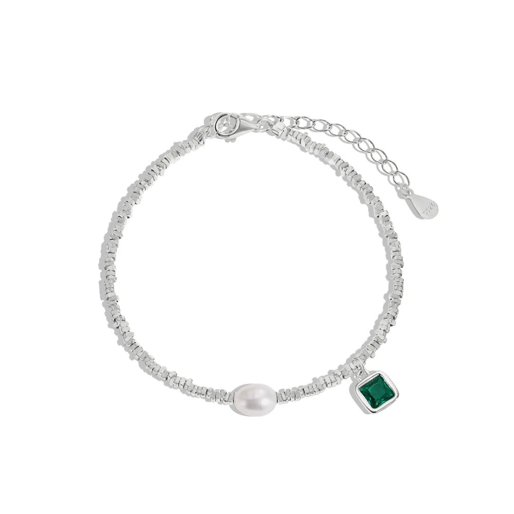 Silver Zircon Princess Cut Multi Layer Charm Beaded Bracelet