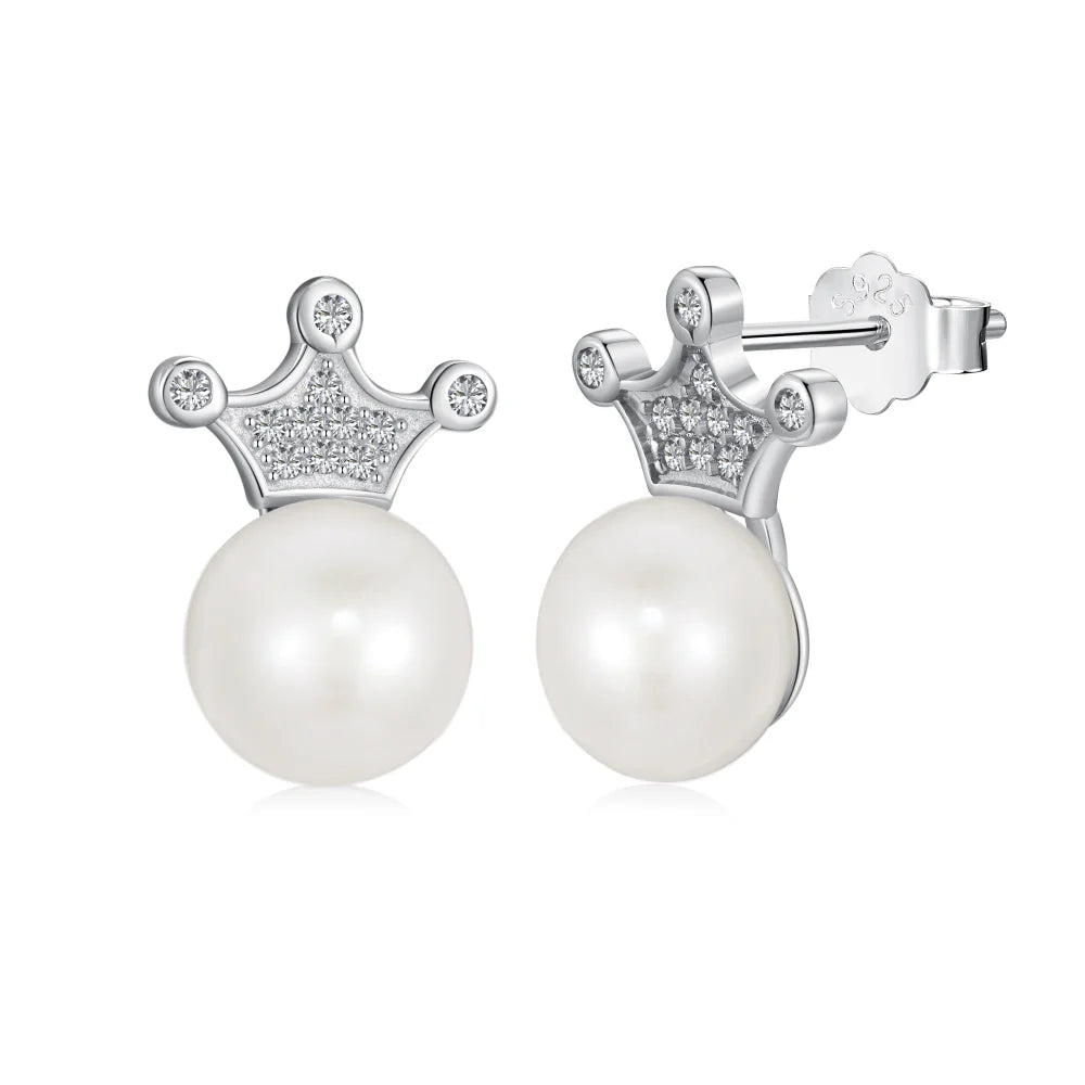 Silver Pearl Crown Ear Studs