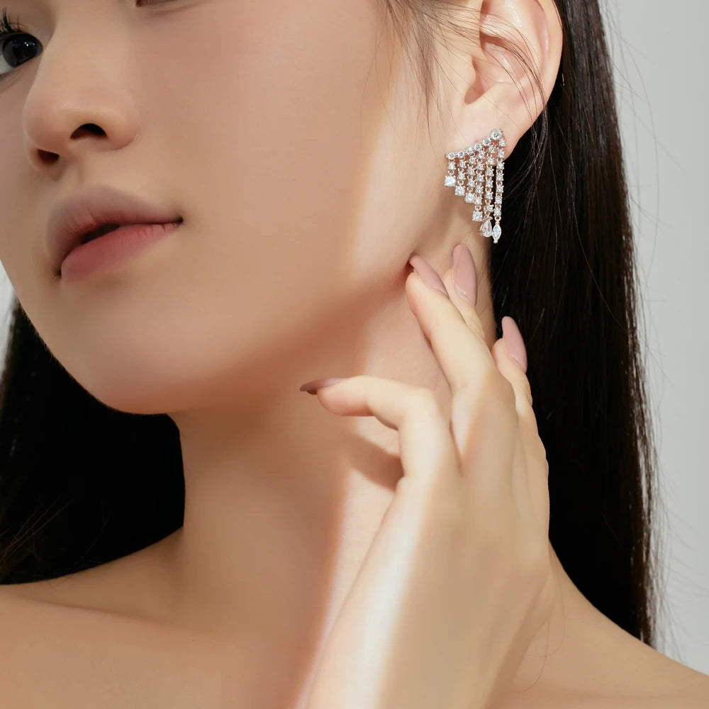 Silver Zircon Pear Cut Multi Layer Tassel Drop Earrings