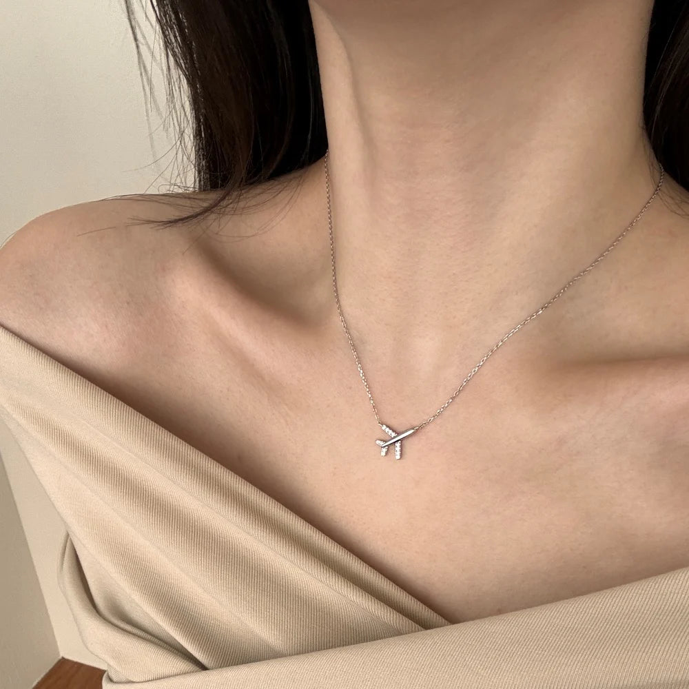 Silver Zircon Round Cut Plane Pendant Necklace