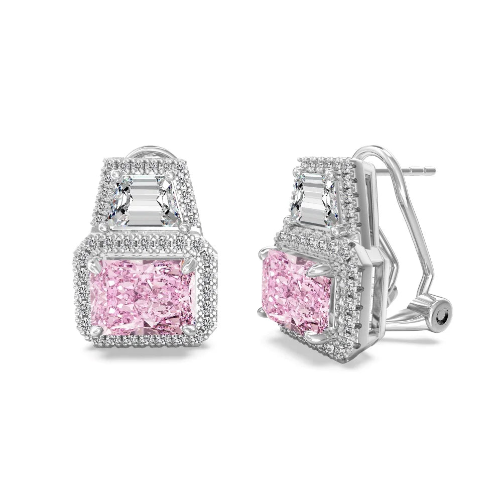 Silver Zircon Radiant Cut Halo Stacked Ear Studs